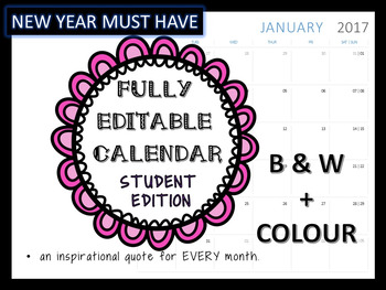 Preview of Student Calendar for 2017 with Growth Mindset and Inspirational Quotes