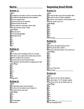 Preview of Student Check Off Sheet Band Years 1 and 2