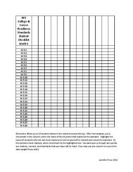 Preview of Student Checklist for WV CCRS Math Grade 5