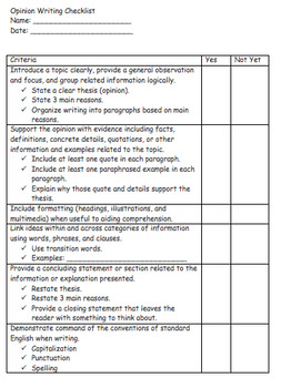 Preview of Student Checklists for Informative and Opinion Writing