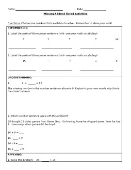 Preview of Student-Choice Missing Addends Tiered Questions Based on Blooms Taxonomy