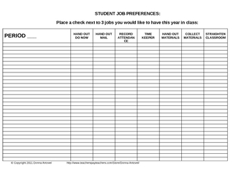 Student Classroom Responsibility Preference Chart by Donna Antovel
