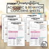 Student Concerns Documentation Sheets for IEP, RTI, Tier 1
