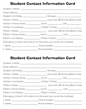 Preview of Student Contact Information Card {English & Spanish}