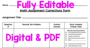 Preview of Student Corrections Form for Assignments / Tests - Digital & PDF!