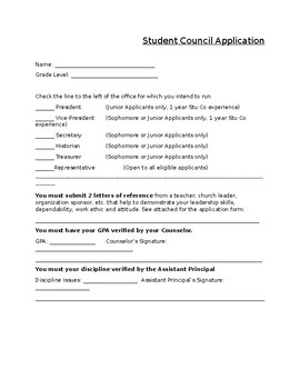 Preview of Student Council Application Form With References