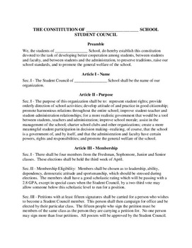 Preview of Student Council Constitution - High School or Middle School
