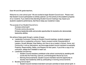 Preview of Student Council Purpose and Function letter to Teachers