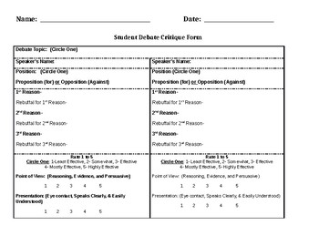 Preview of Student Debate Critique Form