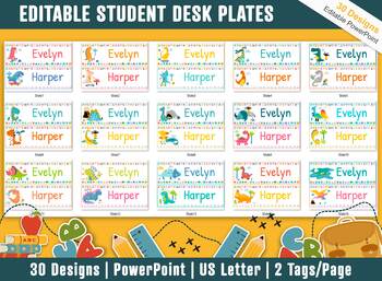 Preview of Student Desk Name Plates, 30 Printable/Editable Dinosaur Classroom Name Tags