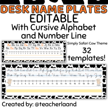 Preview of Student Desk Name Plates / Tags! Simply Safari Cow Theme Cursive + Numbers