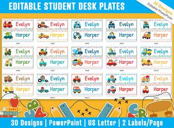 Preview of Student Desk Plates 30 Printable/Editable Car and Truck Classroom Name Tags