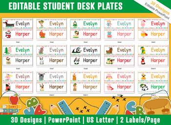 Preview of Student Desk Plates, 30 Printable/Editable Christmas Animal Classroom Name Tags