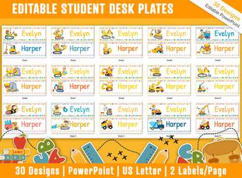 Preview of Student Desk Plates 30 Printable/Editable Construction Vehicles Name Plates