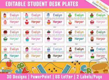 Preview of Student Desk Plates 30 Printable/Editable Cupcake & Muffin Classroom Name Tags