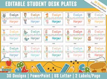 Preview of Student Desk Plates, 30 Printable/Editable Cute Cartoon Animals Name Tags