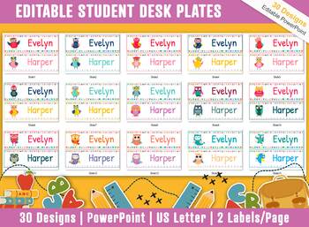 Preview of Student Desk Plates, 30 Printable/Editable Cute Owls Classroom Name Tags