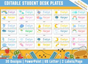 Preview of Student Desk Plates, 30 Printable/Editable Cute Weather Classroom Name Tags