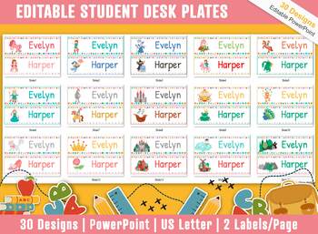 Preview of Student Desk Plates 30 Printable/Editable Fairy Tale Classroom Name Tags