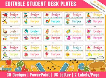 Preview of Student Desk Plates, 30 Printable/Editable Fun Summer Classroom Name Tags