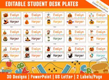 Preview of Student Desk Plates 30 Printable/Editable Halloween Classroom Name Tags