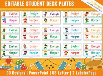 Preview of Student Desk Plates, 30 Printable/Editable Kids Superheroes Classroom Name Tags