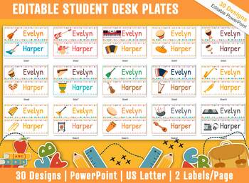 Preview of Student Desk Plates 30 Printable/Editable Musical Instruments Classroom Name Tag