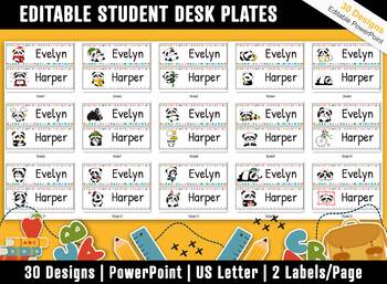 Preview of Student Desk Plates, 30 Printable/Editable Panda Bear Classroom Name Tags