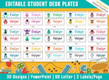 Preview of Student Desk Plates 30 Printable/Editable Robot Classroom Name Tags/Name Plates
