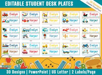 Preview of Student Desk Plates, 30 Printable/Editable Transportation Classroom Name Tags