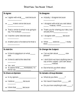 Preview of Student Discussion Sentence Stems Reference Sheets