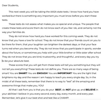 Preview of Student Encouragement for Testing Letter