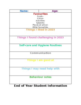 Preview of Student End of Year Information- Handover Template