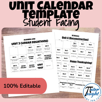 Preview of Editable Student-Facing Elementary, Middle & High School Unit Calendar