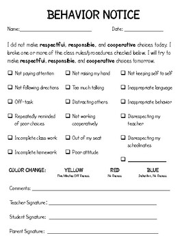 Preview of Student Friendly Behavior Notice for Classroom Management