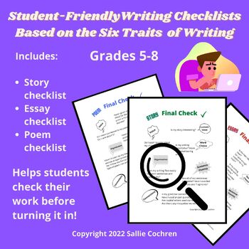 Preview of Student-Friendly Writing Checklists for Stories, Essays and Poems (Grades 5-8)
