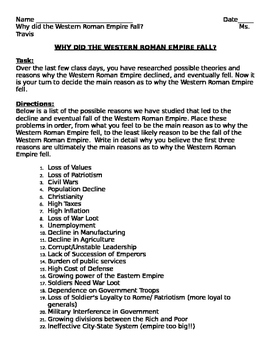 Preview of Student Handout: Why did the Western Roman Empire Fall?