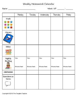 Weekly Homework Calendar--with Reading Log by The Tangible Teacher
