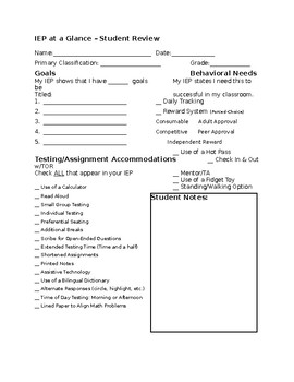 Preview of Student IEP at a Glance Worksheet