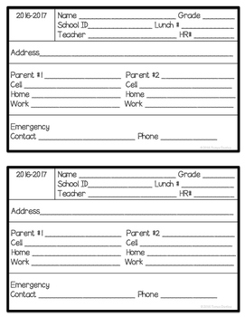 Preview of Student Information - Parent Contact Cards - Free Yearly Update