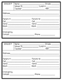 Student Information - Parent Contact Cards - Free Yearly Update