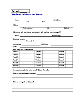 Preview of Beginning of the Year Student Information Form- Grades 6,7,8