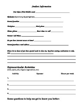 Student Information- Questionnaire by Jill Harden | TPT