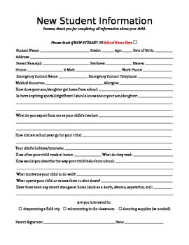 Preview of Student Information Questionnaire - Completed by Parent(s) - EDITABLE