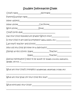 Student Information Sheet by Amy Foley | TPT