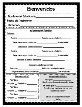 Student Information Sheet 4th Grade (English and Spanish ...