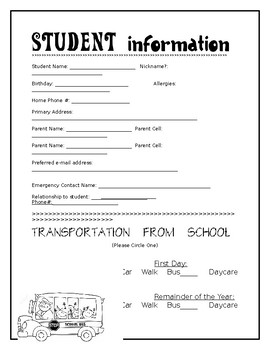 Preview of Student Information Sheet Back to School