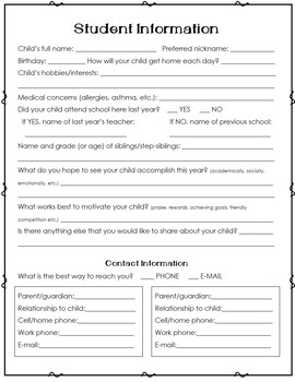 Student Information Sheet - Back to School by Elementary Envisions