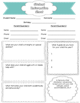 Preview of Student Information Sheet - Back to School - For Parents
