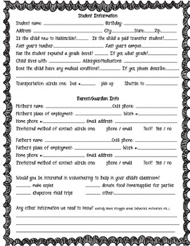 Student Information Sheet-Begining of Year | TpT
